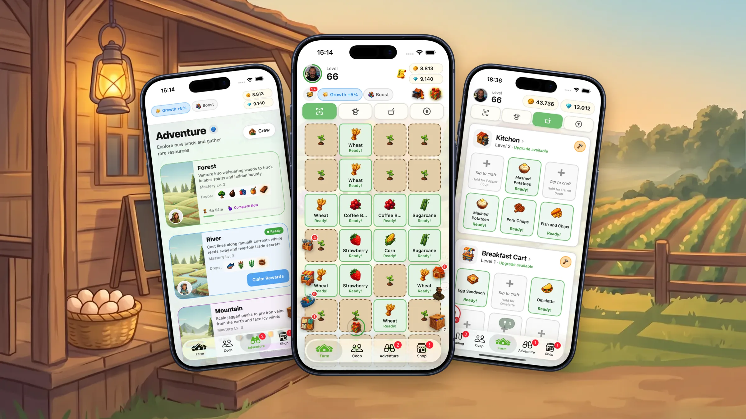 Three iPhones showing TinyHarvest (the adventure map, the crop farm and the kitchen) in front of a painted farmhouse porch at sunrise.