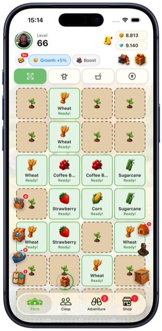 Your farm: Plant, harvest and build at your own pace. Crops never wither.