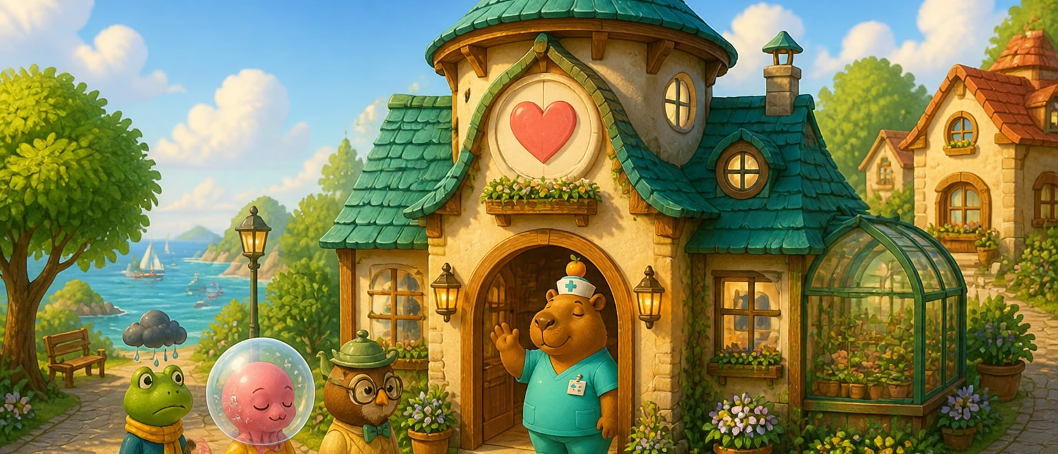 A cosy town hospital with a heart sign, where Nurse Capy waves to a queue of tiny patients