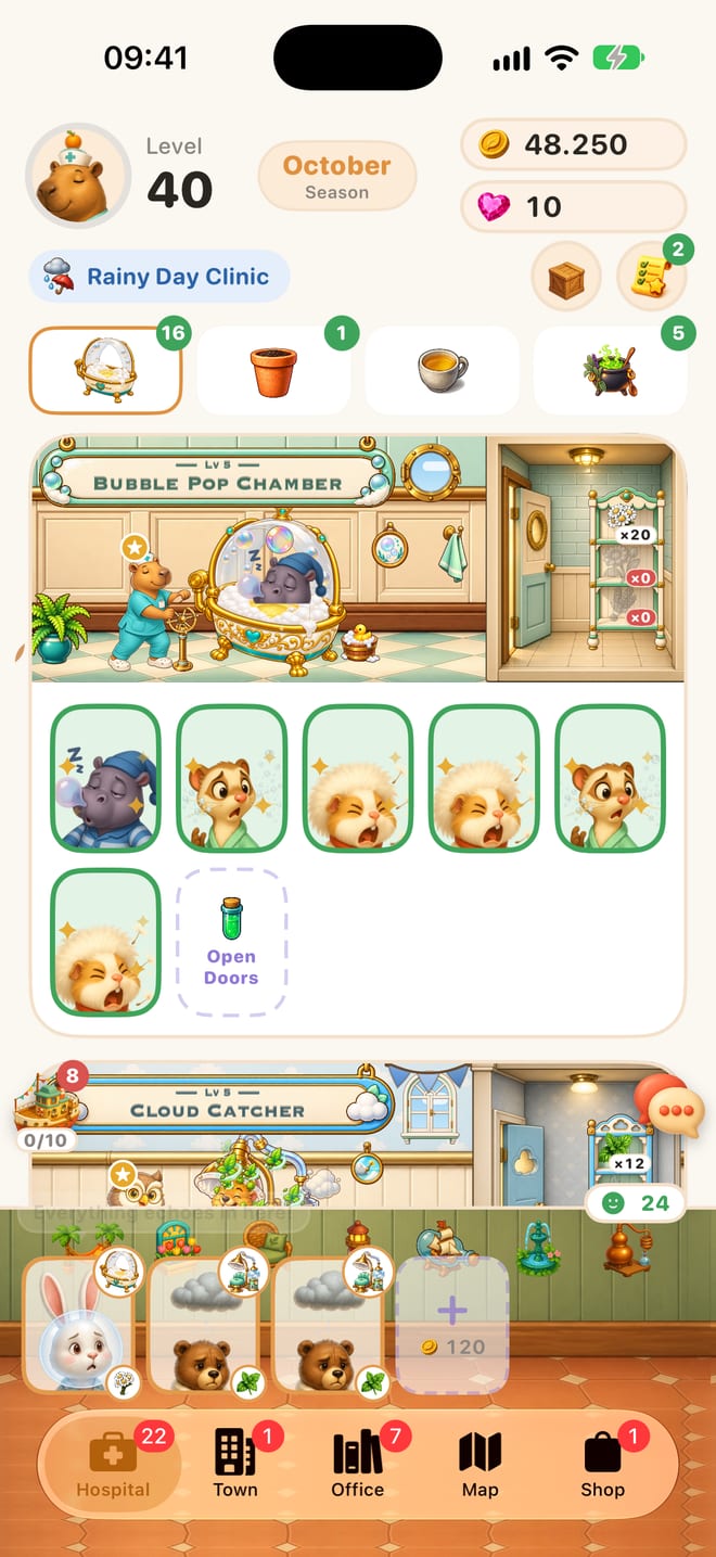 TinyHospital's main screen: a capybara nurse treats a sleepy hippo in a bubble-bath machine while more animal patients wait in the lobby.